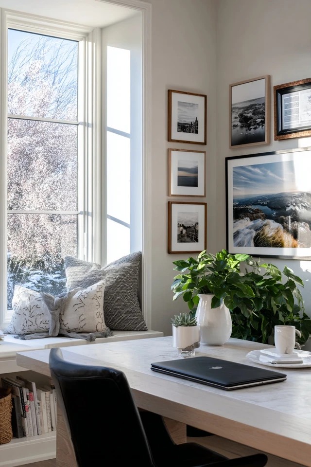 Area rug positioned under desk and chair creating a defined workspace zone in a sunroom office