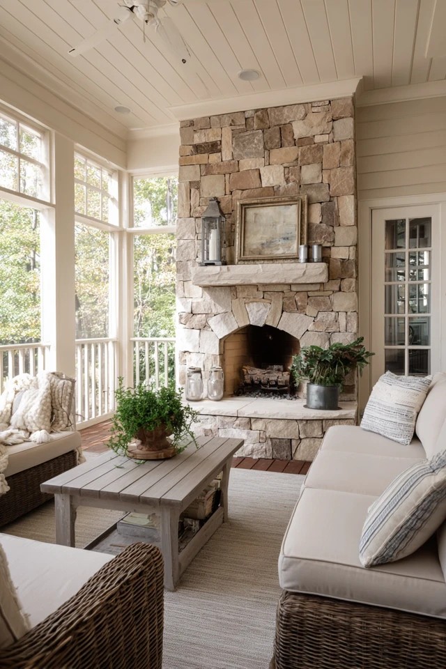 Fireplace positioned on the exterior sunroom wall for practical venting and traditional room layout