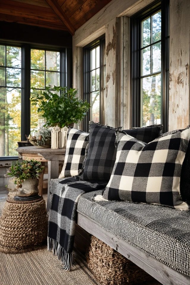 Collected natural branches and twigs in vases and wall arrangements creating organic rustic detail in a sunroom