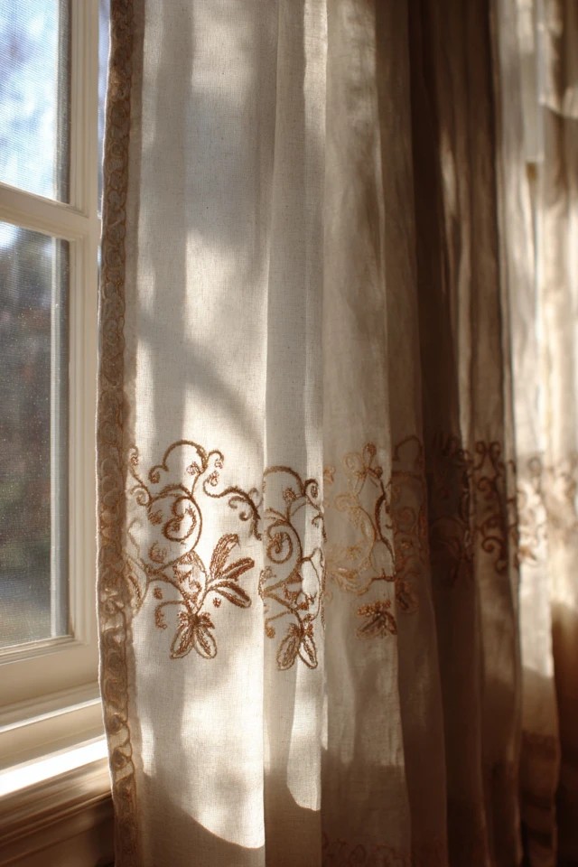 White curtain panels with delicate embroidered detail creating artisan decorative sophistication in a refined sunroom