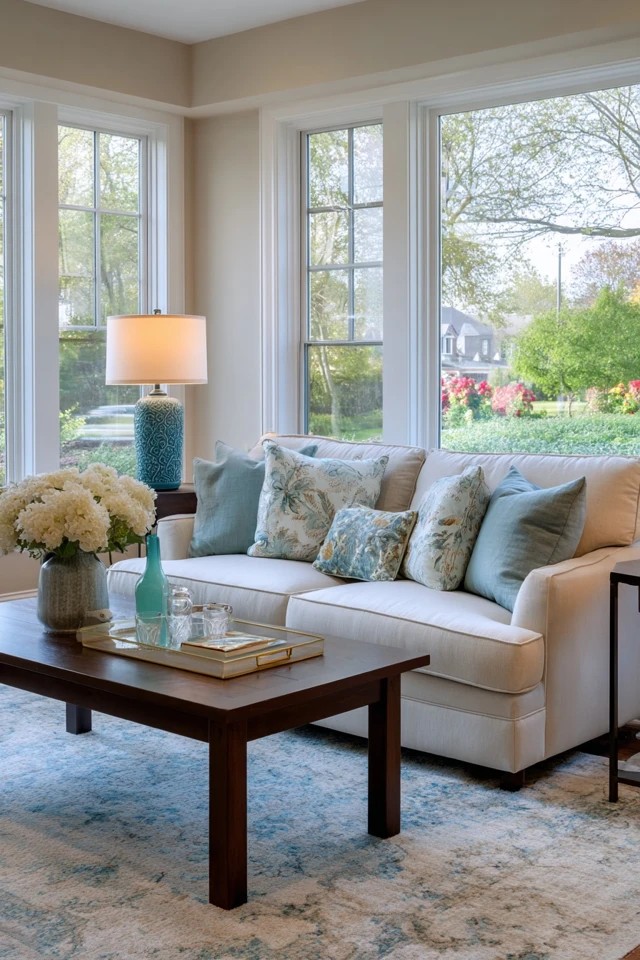 Adjustable blinds and curtains providing flexible light and privacy control in a sunroom living room
