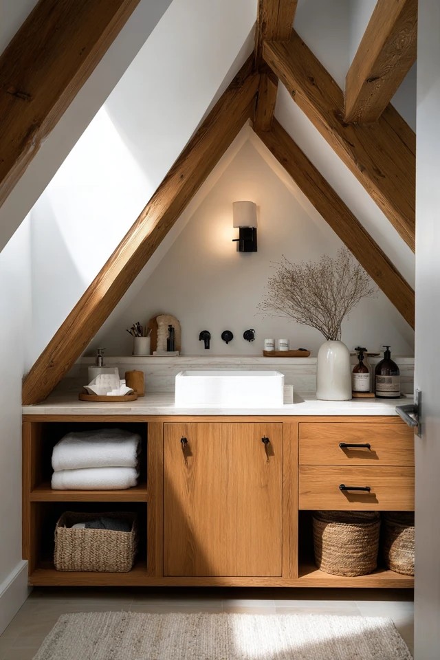Large frameless mirror maximising light reflection and visual space in a bright attic bathroom