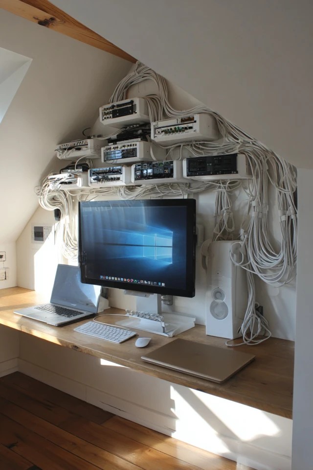 Framed artwork and personal vision board in the attic office sightline providing daily motivation and inspiration
