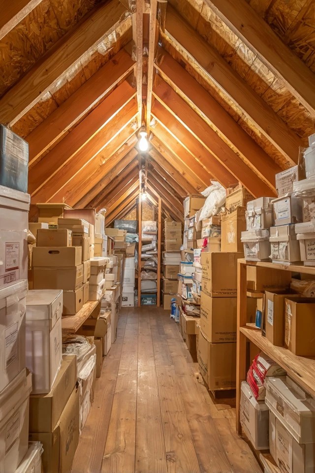 Pull-out drawers built into the attic eave space creating seamless hidden integrated storage