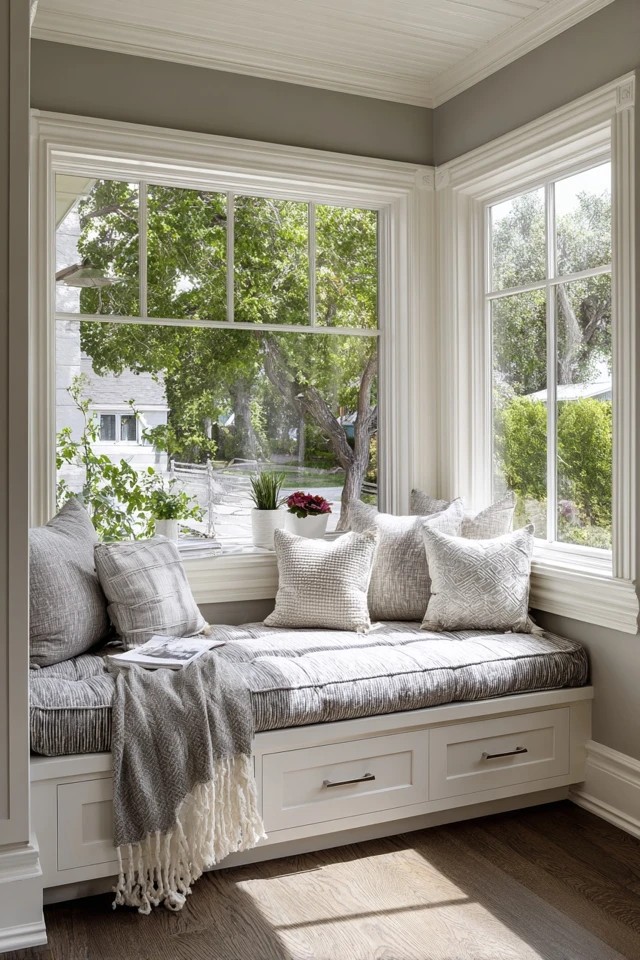 Daybed with pillows serving as sofa and guest bed in a versatile small sunroom