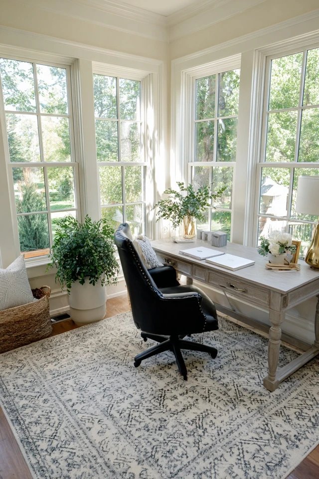 Framed artwork and vision board positioned in desk sightline for daily motivation in a sunroom office