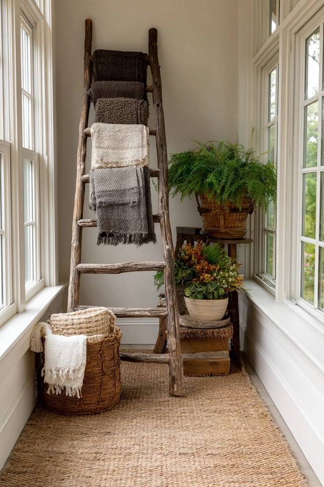 Copper pendant and bronze wall sconces creating warm glowing rustic metallic lighting in a sunroom