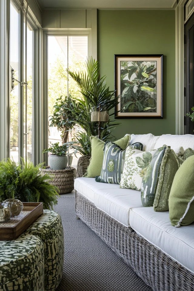 Ombré wall fading from pale to deep green creating dynamic artistic colour transition in a creative sunroom