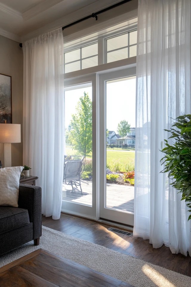 Motorised curtain system with hidden motor providing automated smart home window control in a modern sunroom