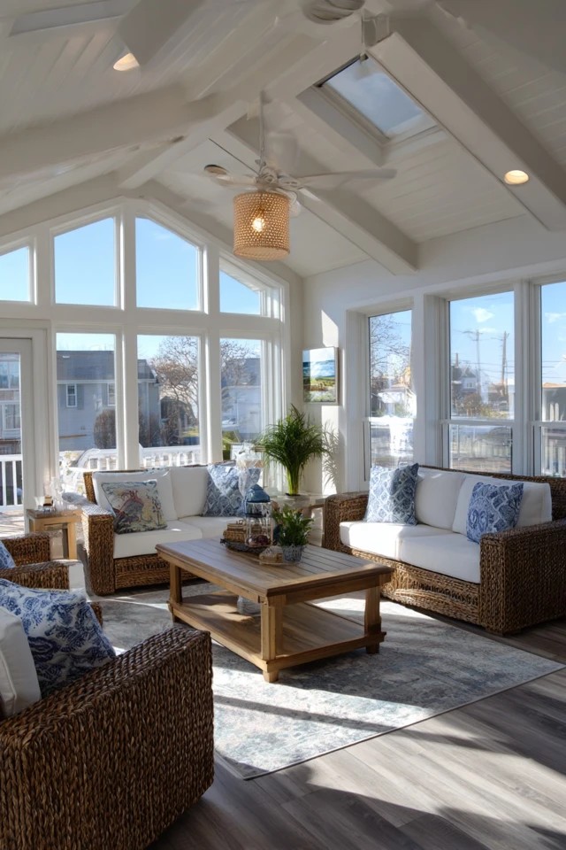 Ceiling fan with integrated light providing air circulation and climate comfort in a sunroom living room