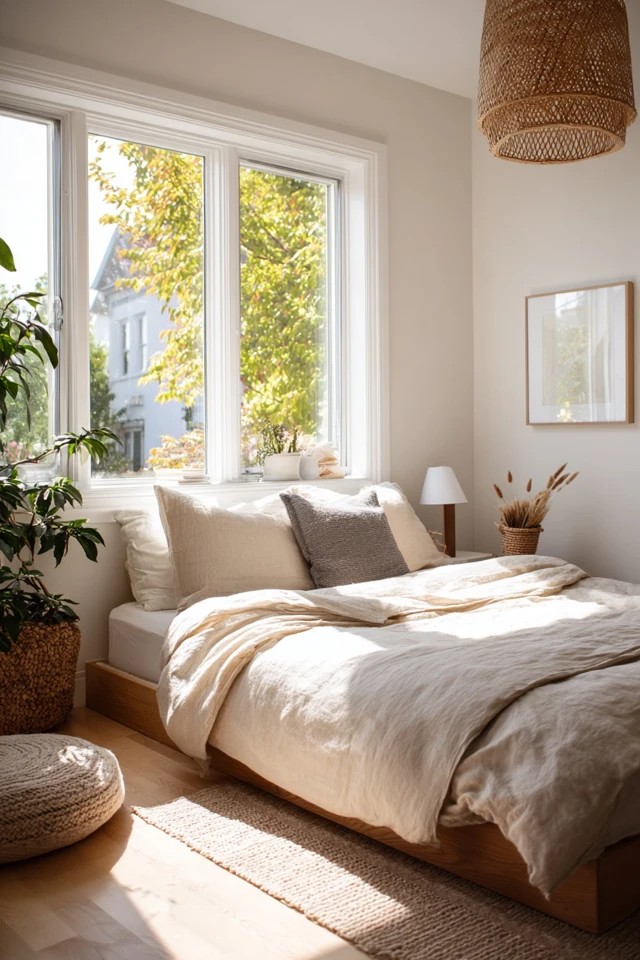 Minimal essential furniture arrangement keeping clear floor space in a calm open sunroom bedroom