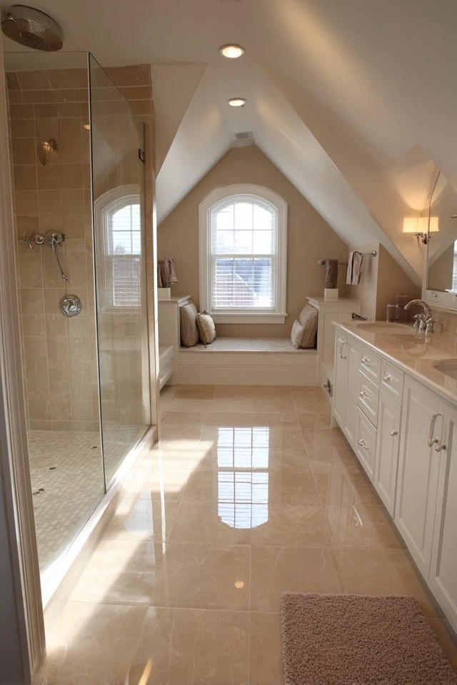 Toilet cleverly positioned under the lowest section of the attic slope for space-efficient fixture placement