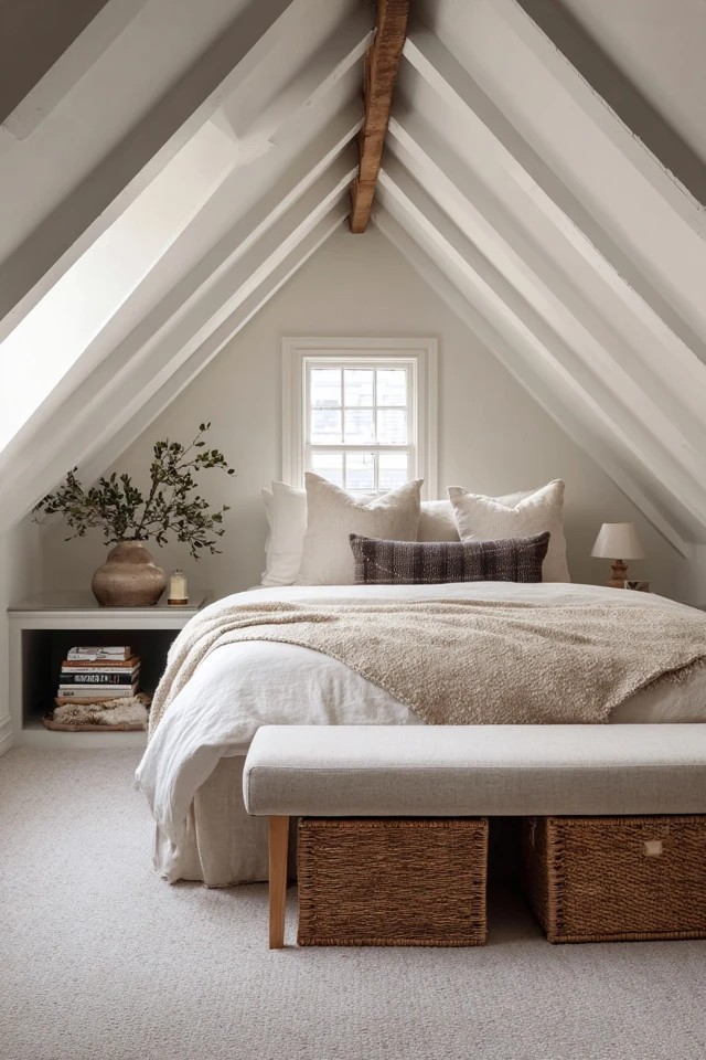 Low upholstered bench at the foot of the bed maintaining proportionate scale in a low ceiling attic bedroom