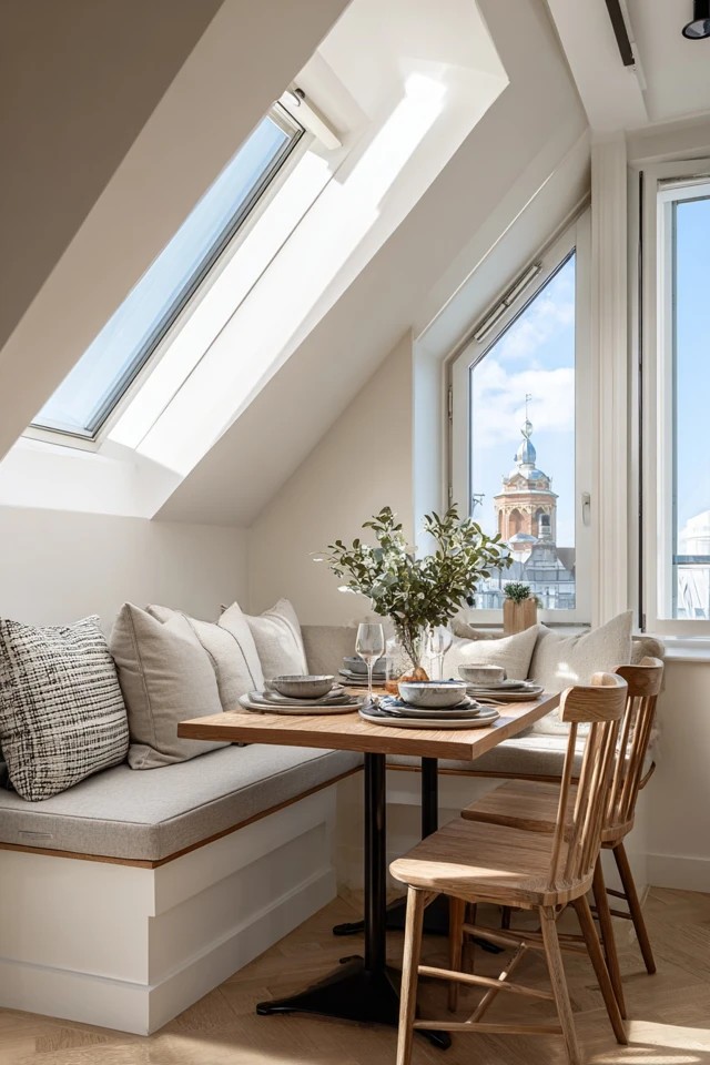 Soft neutral palette of whites, beiges, and light greys creating a serene restful atmosphere in an attic apartment