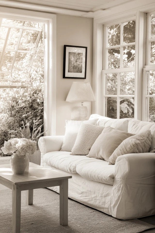 Restrained minimal accessories creating an open uncluttered feeling in a small sunroom