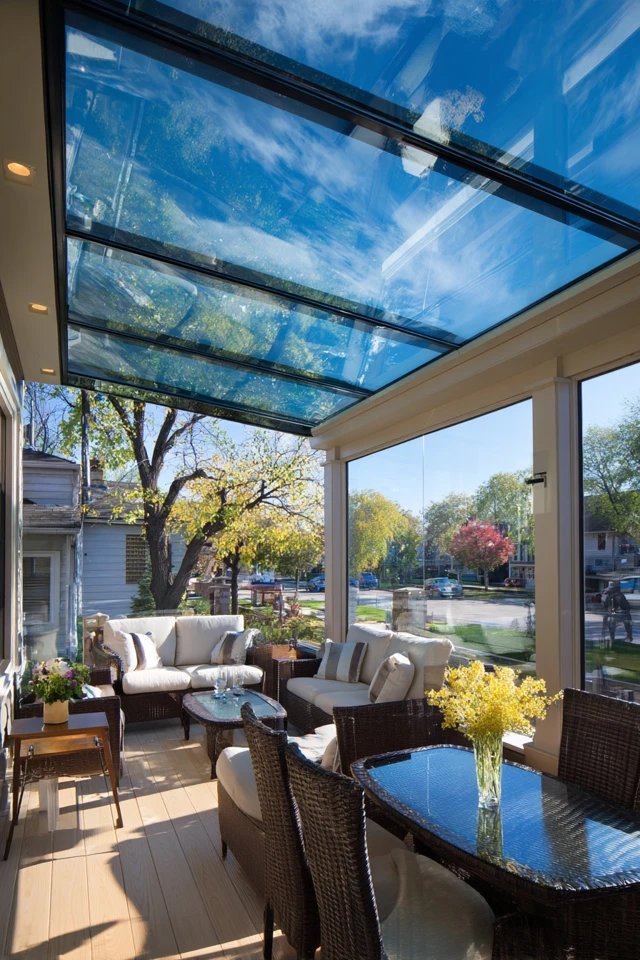 Frameless glass sliding doors creating seamless indoor-outdoor connection in a modern sunroom