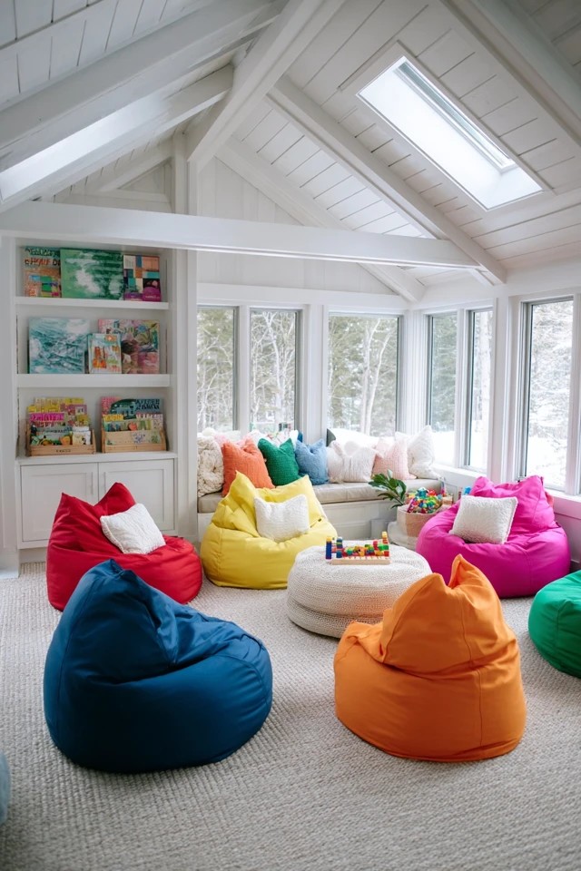 Low table with natural specimens, magnifying glass, and field guides creating a science discovery corner in a sunroom playroom