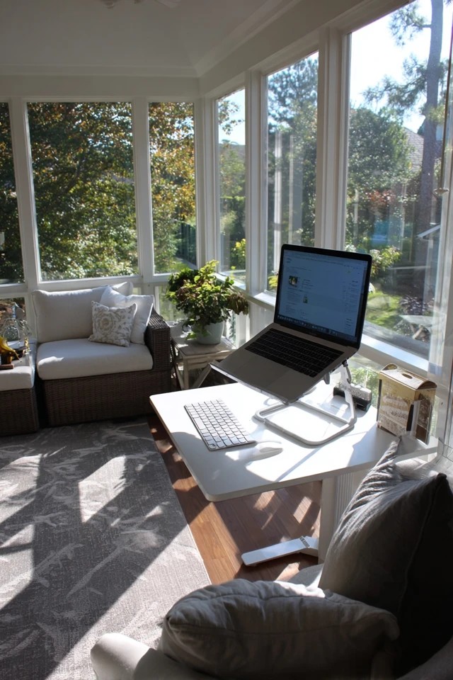 Mobile desk on casters enabling seasonal repositioning for optimal light in an adaptable sunroom office
