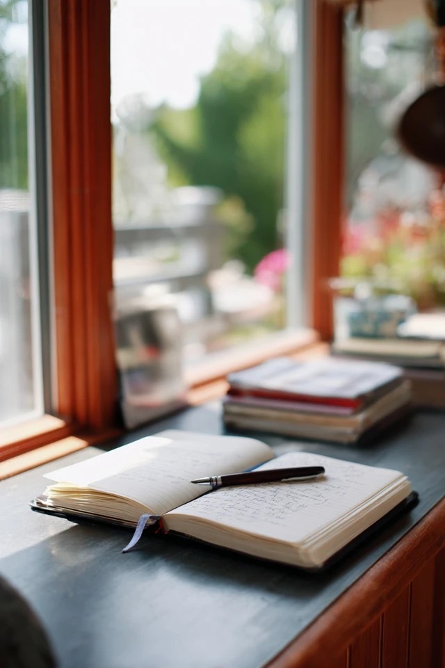 Bound reading journal and pen on a sunroom library desk for recording reading notes and reviews