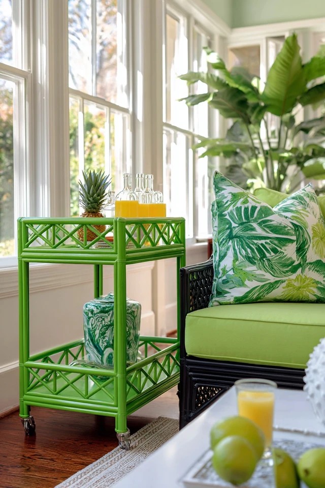 Vibrant apple yellow-green bench creating fresh bright cheerful accent seating in a lively sunroom