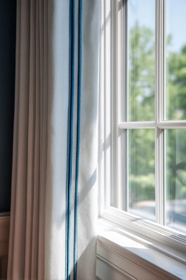 Curtain panels with contrasting colour border trim creating custom designer detail in a refined sunroom