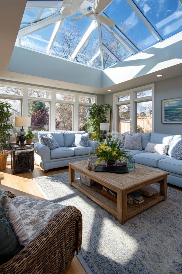 White beige and natural wood neutral palette creating serene timeless elegance in a peaceful sunroom living room