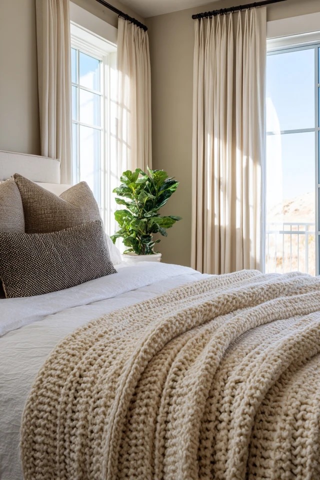 Knit or woven throw blanket casually draped across the bed adding textural layers in a comfortable sunroom bedroom