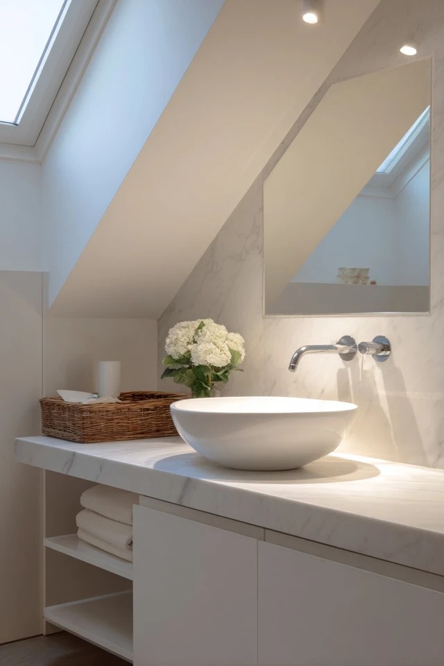 Classic white subway tiles in running bond pattern creating fresh timeless wall treatment in an attic bathroom