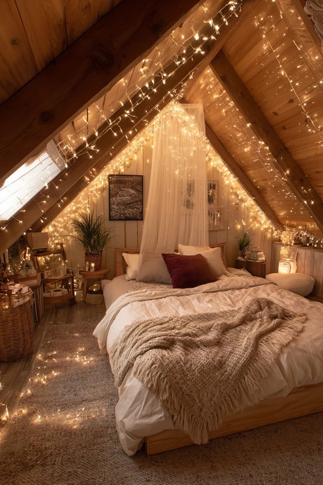 Warm fairy string lights draped across the attic bedroom ceiling creating a magical soft ambient evening glow