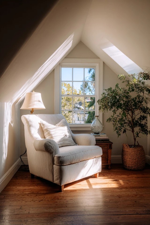 Desk and chair fitted into an eave nook beneath the attic slope creating a dedicated home office work zone