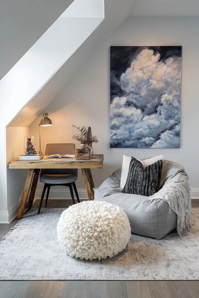Acoustic fabric panels on attic office walls reducing echo and creating a quiet focused workspace