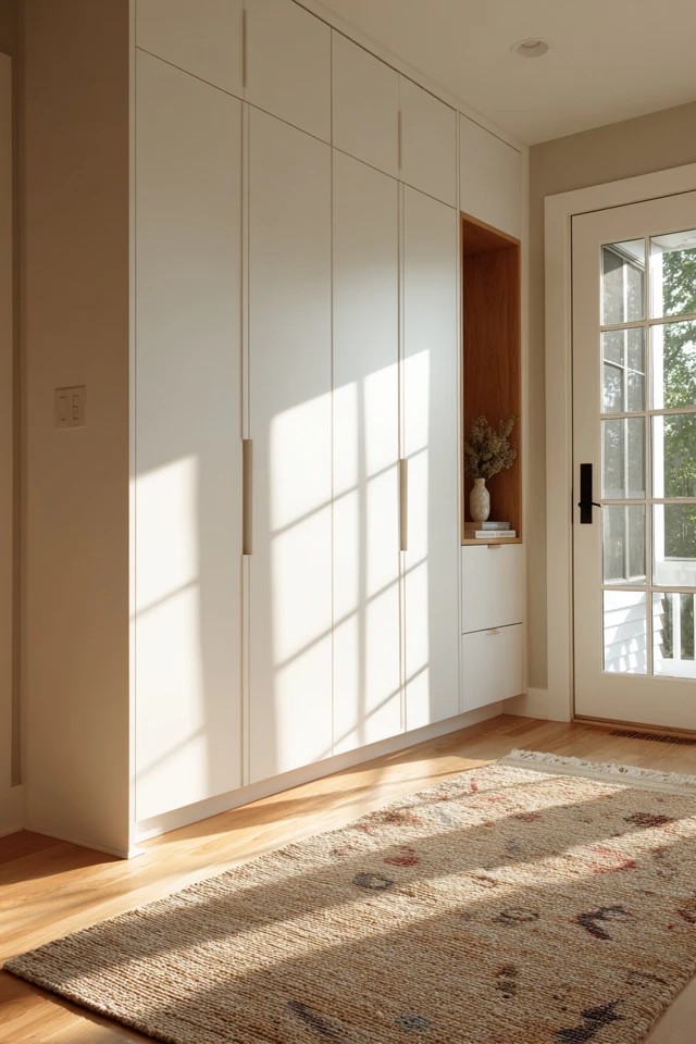Handleless push-to-open cabinets providing clean concealed storage in a streamlined modern sunroom
