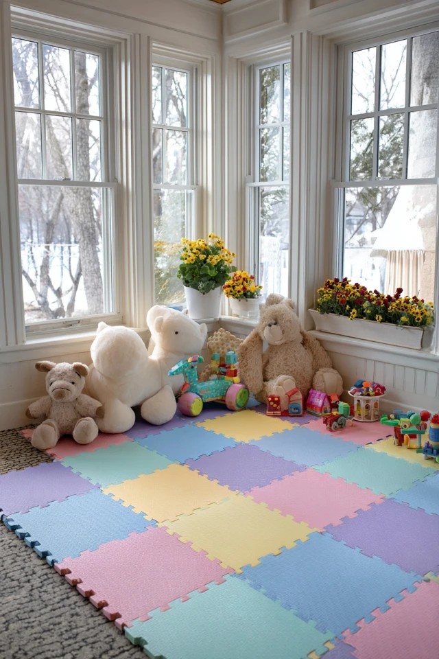 Interlocking colorful foam tiles creating a cushioned safe play surface in a toddler sunroom playroom