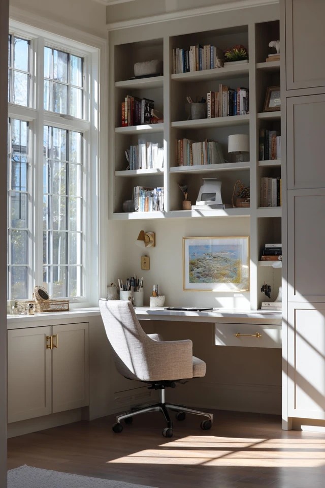 Wall-mounted built-in desk with cabinets and shelves creating an integrated sunroom office setup