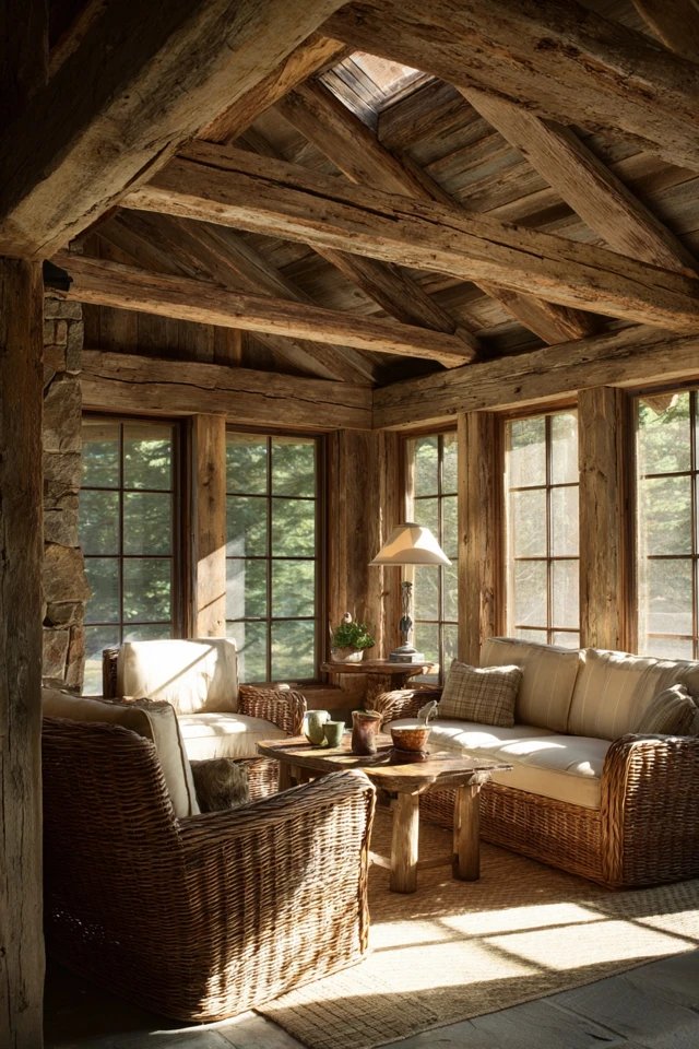 Rough-hewn exposed wood beams overhead creating authentic cabin-style architecture in a rustic sunroom