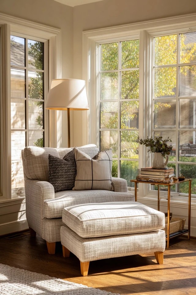 Upholstered armchair and ottoman positioned in natural sunroom light creating a perfect reading retreat