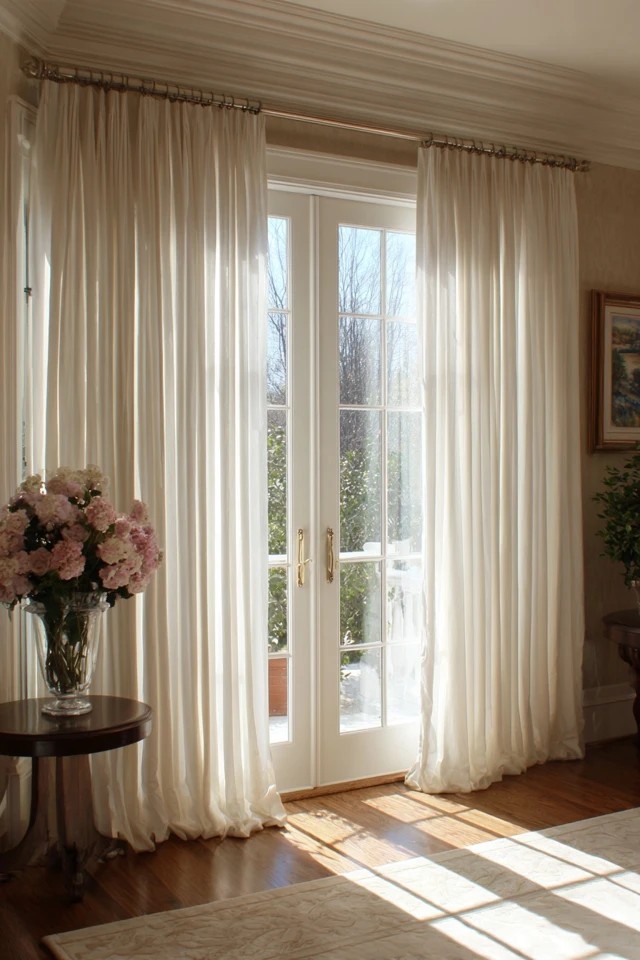 Dramatic floor-to-ceiling curtain panels with slight puddle creating luxurious full-height coverage in an elegant sunroom