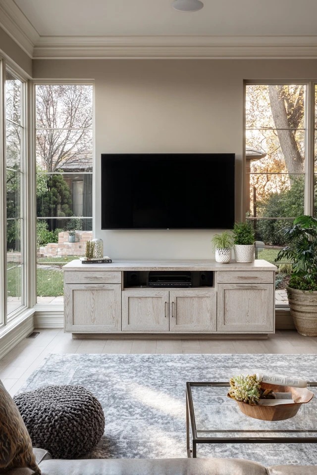 Entertainment console with TV creating a media focal point in a modern sunroom living room