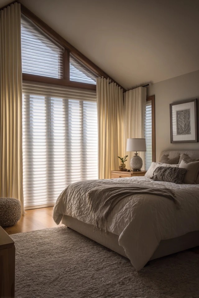 Blackout curtains providing complete darkness for quality sleep in a glass-walled sunroom bedroom