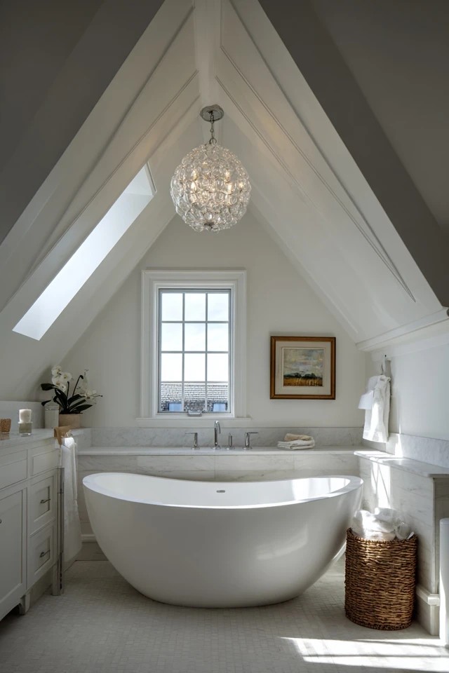 Oval freestanding soaking tub positioned under the attic slope as a dramatic spa-like focal point