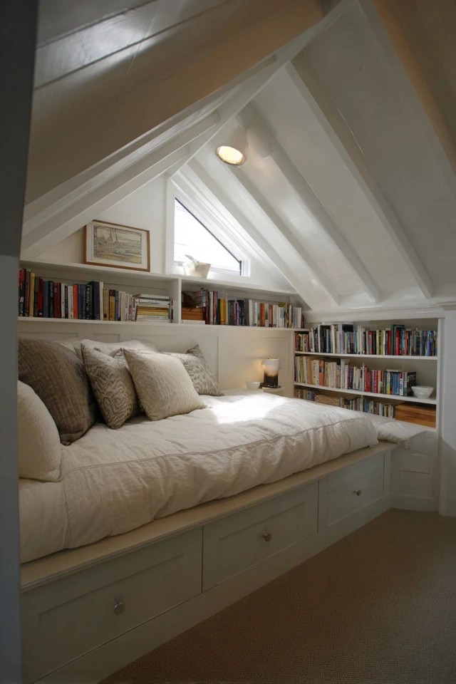 Custom built-in drawers and shelves fitted into the low eaves space creating smart organised storage in an attic bedroom