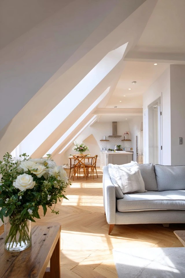 Open-plan living, dining, and kitchen area flowing together under the sloped attic apartment ceiling