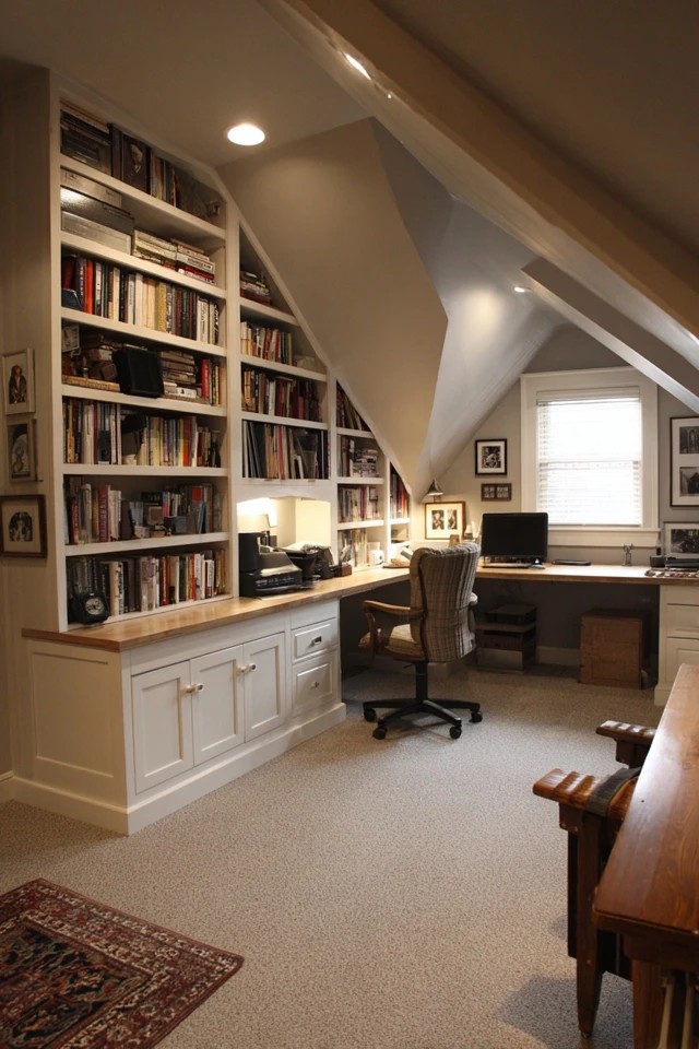 Custom bookshelves and cabinets built into the attic knee walls creating integrated office storage