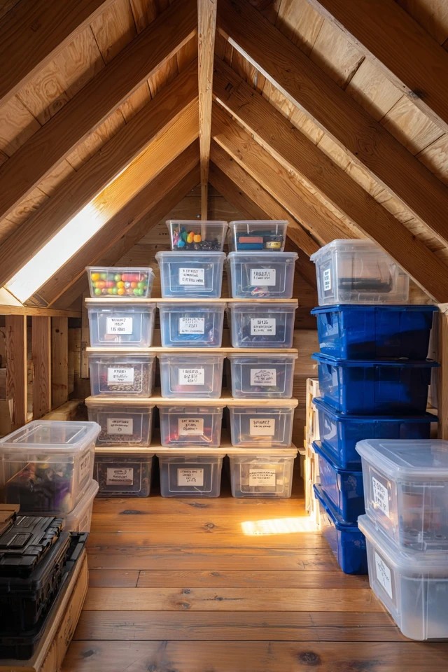 Transparent labelled storage bins stacked neatly in an organised attic storage system