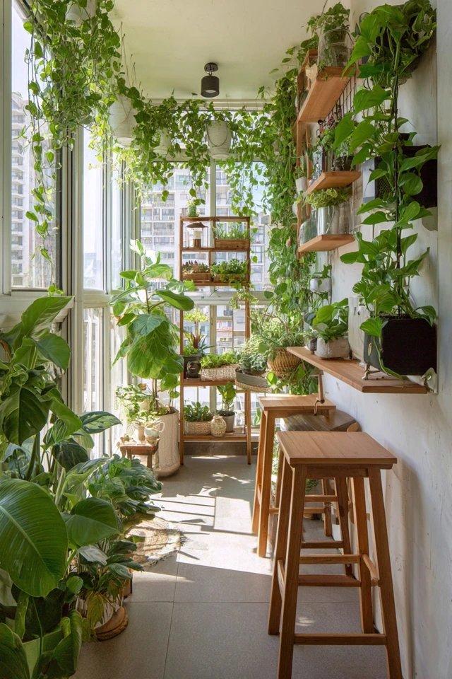 Vertical plant stands and hanging planters maximizing greenery in a small sunroom