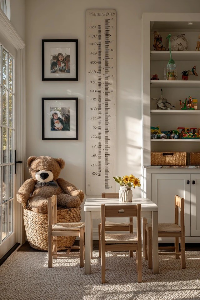Decorative growth chart on sunroom playroom wall creating a meaningful family milestone marker
