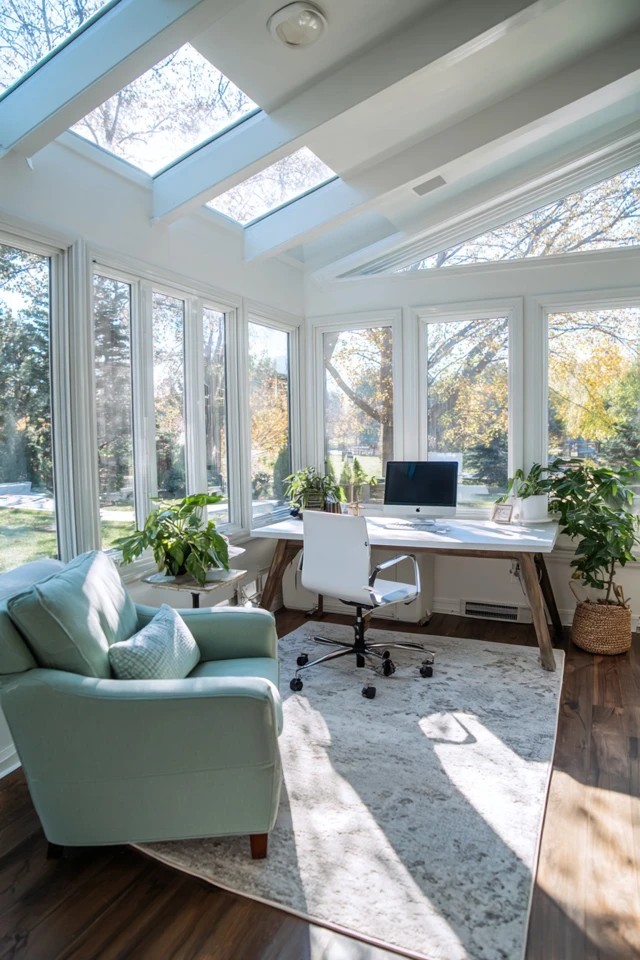 Laptop on riser with external keyboard creating proper ergonomic eye and wrist position in a sunroom office