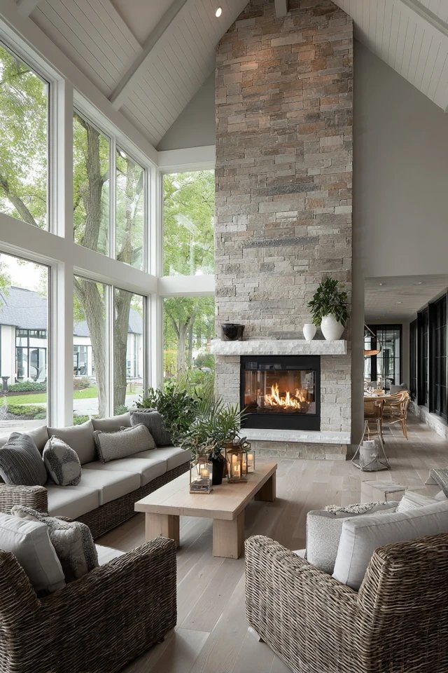 Floor-to-ceiling stone or tile fireplace surround creating dramatic vertical scale in an impressive sunroom
