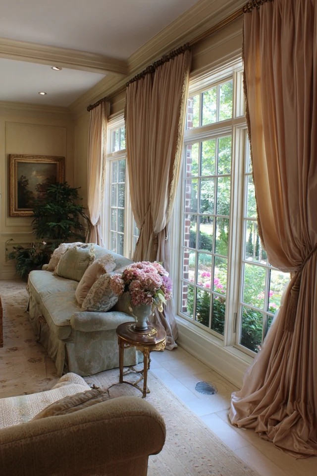 Extra-long curtain panels puddling generously on the floor creating romantic flowing luxury in a sunroom