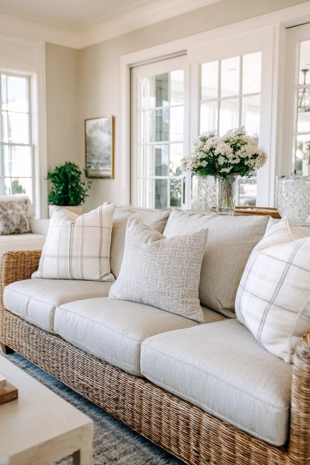 Combination of sofa, armchairs, and bench providing varied seating options in a versatile sunroom living room